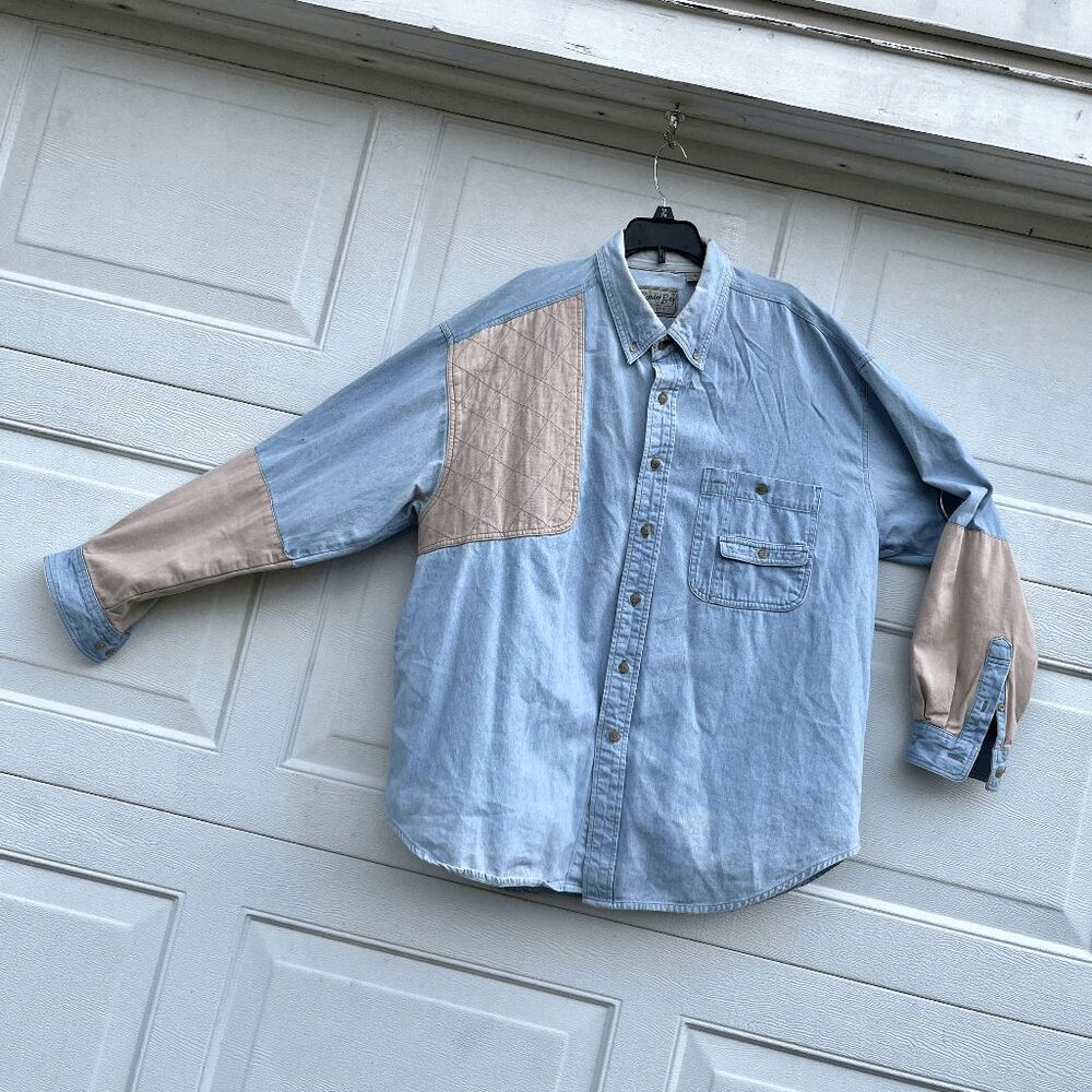 VTG 90s Denim Hunting Shirt Quilted Shoulder Panel XL Workwear Gorp